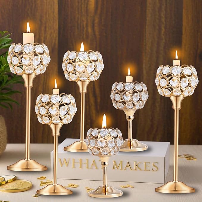 Crystal Candle Holders Set of 3 for Wedding Centerpieces Gold Or Silver Candle Holders Bulk Decorative Tealight Candle Holder for Wedding, Party,Table Centerpieces Decoration (Golden, 2 Sets(6 Pcs))