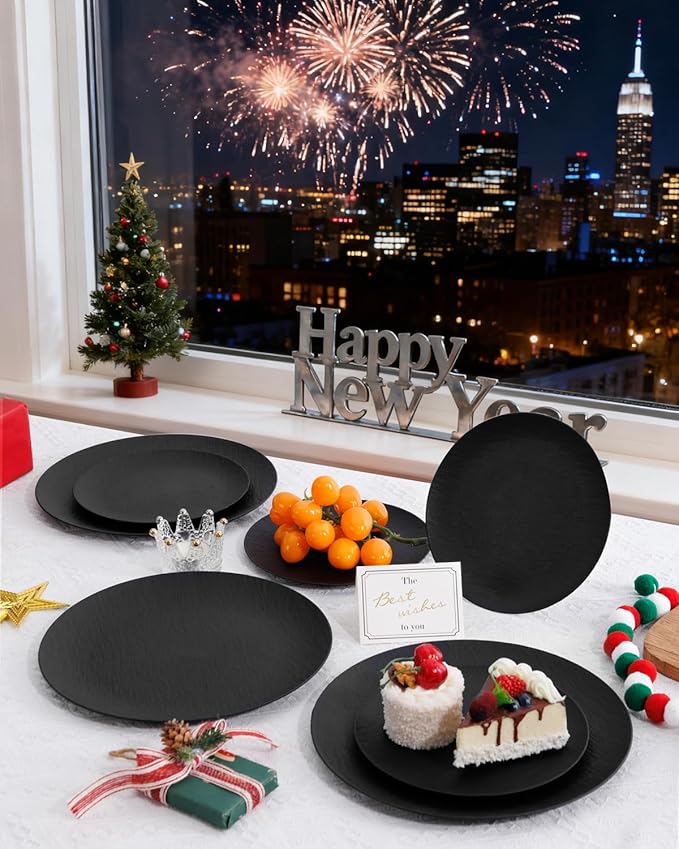 WONDERFUL 32pcs Black Plates Black Plastic Plates Unbreakable and Reusable Plastic Plate Dishwasher safe Dishes Set Includes:16 Dinner 10" & 16 Dessert Plate 7.3" Suitable for Christmas New Year