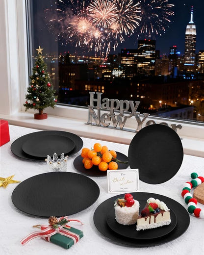 WONDERFUL 32pcs Black Plates Black Plastic Plates Unbreakable and Reusable Plastic Plate Dishwasher safe Dishes Set Includes:16 Dinner 10" & 16 Dessert Plate 7.3" Suitable for Christmas New Year