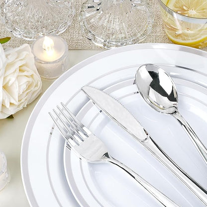 350 PCS White and Silver Plastic Dinnerware Set for 50 Guests, 100 Disposable Plates for Party, 50 Pre Rolled Napkins with Silver Silverware, 50 Cups