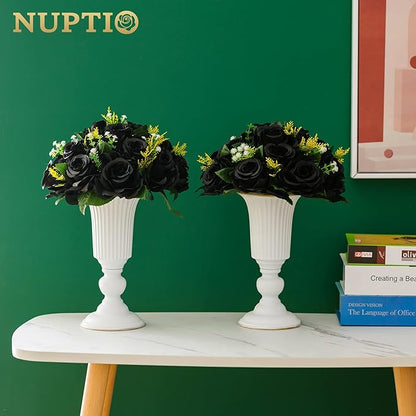 NUPTIO Black Artificial Roses Flowers: 6 Pcs Fake Flower Bouquet Halloween Decorations - 15 Heads Artificial Rose Centerpieces with Base for Gothic Wedding Party Table Decor