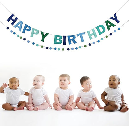 2 PCS Pre-Strung 3D Felt Happy Birthday Banner - Reusable Blue and Green Happy Birthday Decorations Sign,Handmade Wool Felt Ball Garland, Pom Pom Garland, Party Decor, Photo Prop
