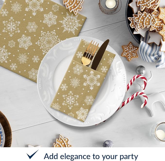 PAW - Christmas Linen Feel Napkins with Built-in Flatware Pocket, Gold Absorbent Pre-Folded Dinner Napkins with Snowlakes, Guest Towels for Xmas Dinner, Winter Holiday, Decorative Towel, 50 Count