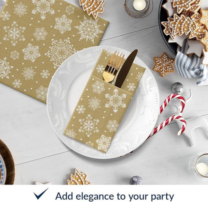 PAW - Christmas Linen Feel Napkins with Built-in Flatware Pocket, Gold Absorbent Pre-Folded Dinner Napkins with Snowlakes, Guest Towels for Xmas Dinner, Winter Holiday, Decorative Towel, 50 Count