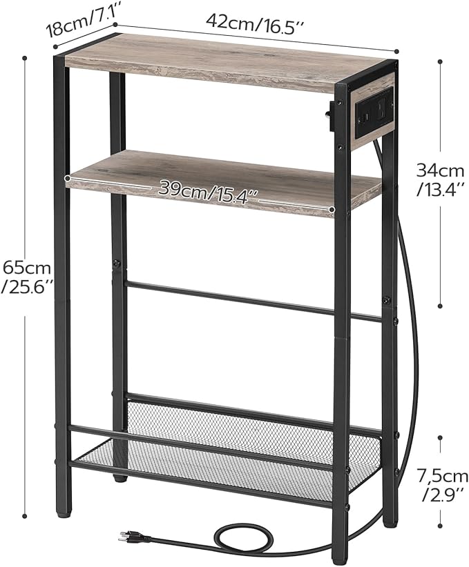 HOOBRO Small Narrow Side Table with Charging Station, Skinny End Table for Small Spaces, Slim Nightstand with USB Ports Outlet, Sofa Beside Table with Storage Shelf, Greige and Black BG102UBZ01