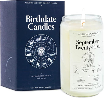 The Original Birthdate Candles, September 21 - Virgo Zodiac Scented Candles Birthday Gift - Sage, Jasmine & Palo Santo Scent - All-Natural Soy & Coconut Wax, 60-80 Hour Burn Time - Made in USA