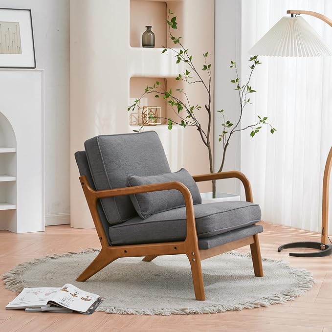 Bonnlo Linen Dark Grey Mid Century Modern Accent Chair, Soild Wood Padding Lounge Armchairs Side Sitting Chairs for Living Room, Bedroom, Guest Room