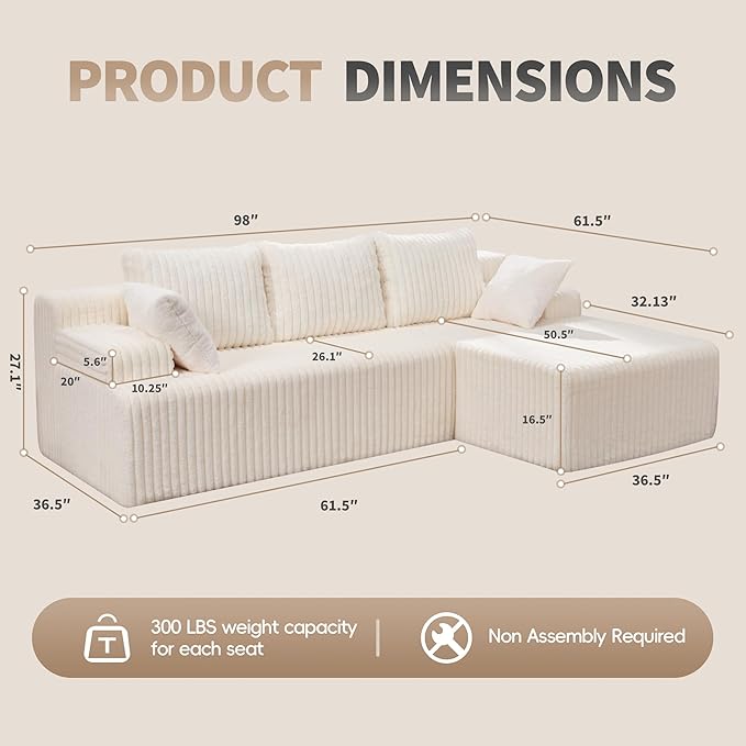 Modular Sectional Sofa Couches L-Shape Couch 3 Seat Modular Sofa Memory Foam Sectional Couches for Living Room, Cloud Couch with Oversized Chaise (White Stripe, 98" Right Facing Chaise)