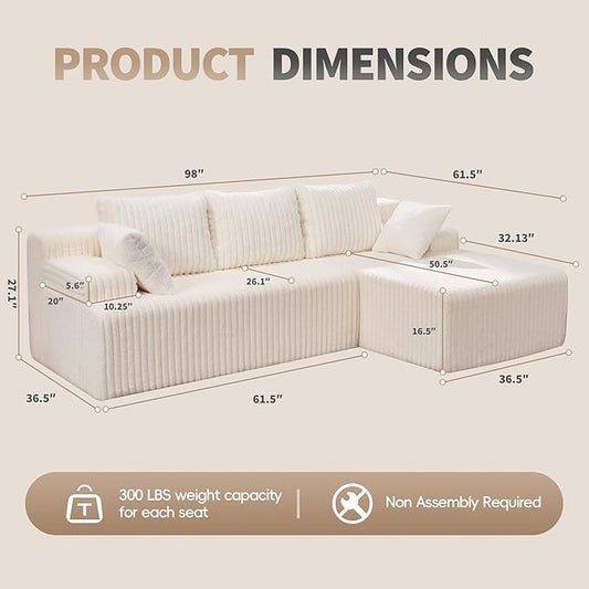 Modular Sectional Sofa Couches L-Shape Couch 3 Seat Modular Sofa Memory Foam Sectional Couches for Living Room, Cloud Couch with Oversized Chaise (White Stripe, 98" Right Facing Chaise)