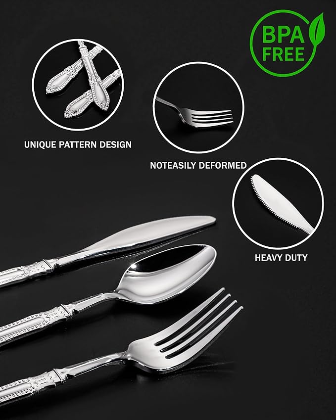 Nervure 90PCS Silver Plastic Silverware - Heavy Duty Disposable Cutlery Set, Luxury Silver Plastic Utensils include 30Pcs Forks, 30Pcs Spoons, 30pcs Knives. Perfect for Wedding, Party, Daily Use