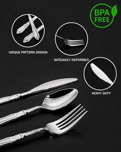 Nervure 90PCS Silver Plastic Silverware - Heavy Duty Disposable Cutlery Set, Luxury Silver Plastic Utensils include 30Pcs Forks, 30Pcs Spoons, 30pcs Knives. Perfect for Wedding, Party, Daily Use