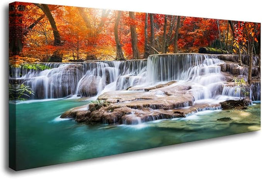Wall Art Canvas Painting Red Forest Waterfalls 1 Piece Modern Landscape Tree Picture Poster Print Framed and Stretched Ready to Hang for Living Room Bedroom Kitchen Office Home Decor