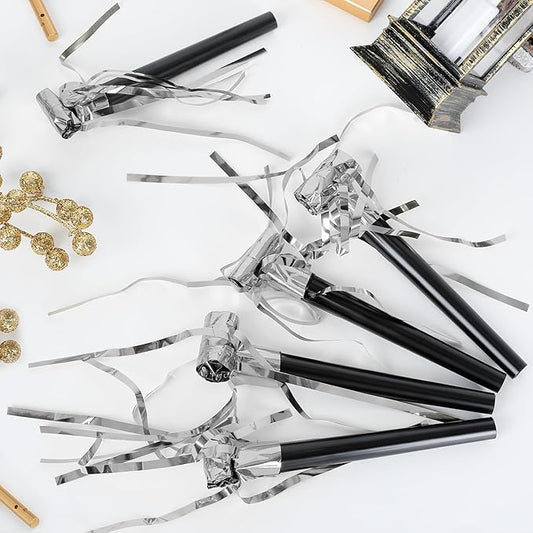 100Pcs New Years Noise Makers, Silver Happy New Year Party Favors, Party Blowers Metallic Fringed Horns Noise Makers New Years Eve Party Supplies for Women Men Birthday Wedding