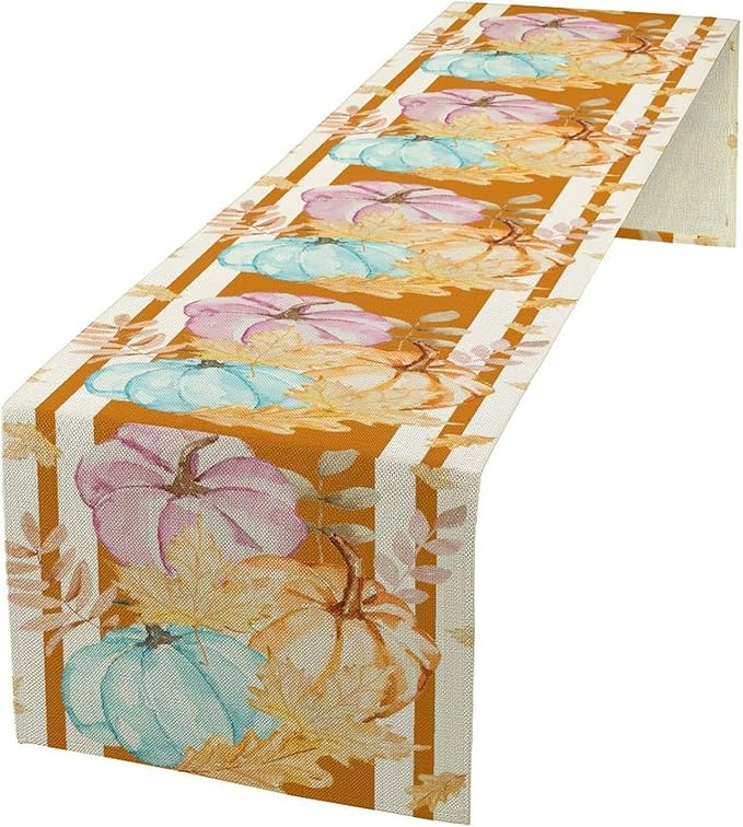 Watercolor Pumpkin Table Runner Rustic Farmhouse Autumn Plants Colorful Leaves Pastoral Harvest Theme Home Decor for Farmhouse Indoor Outdoor Party Holiday Dining Kitchen Restaurant Cafe W13xL36in