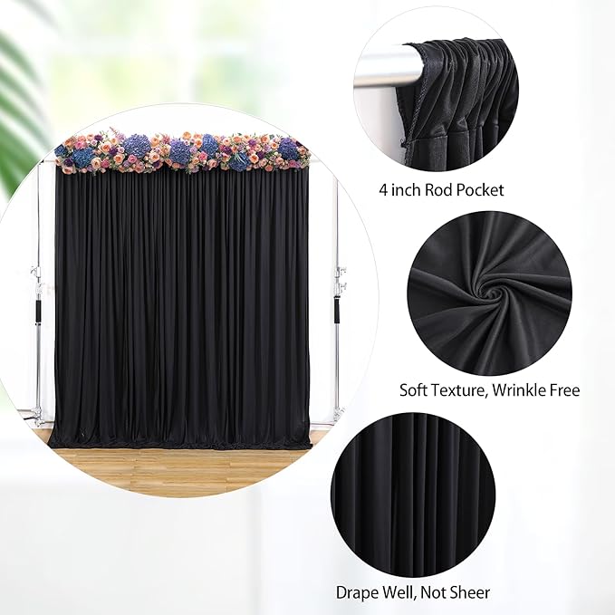 32 x 10ft Black Backdrop Curtains for Party Photo Background Curtains (10'L x 4'W Each, 8 Panels) with Rod Pocket, Wrinkle-Free Polyester Backdrop Drapes for Birthday Prom Bachelorette RIP Events