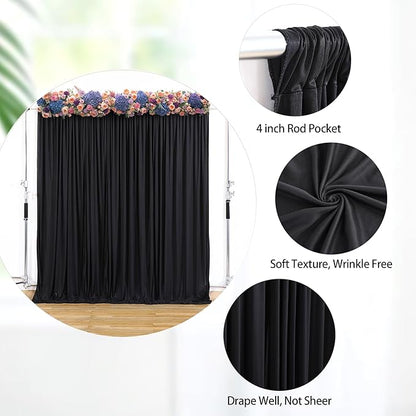 32 x 10ft Black Backdrop Curtains for Party Photo Background Curtains (10'L x 4'W Each, 8 Panels) with Rod Pocket, Wrinkle-Free Polyester Backdrop Drapes for Birthday Prom Bachelorette RIP Events