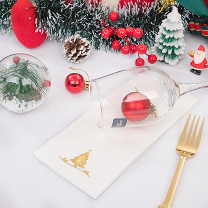 100PCS Christmas Napkins Disposable - Gold Paper Napkins with Built-in Flatware Pocket Prefolded Cloth Like - Heavy-duty Linen-Feel Dinner Napkins for Christmas & Party