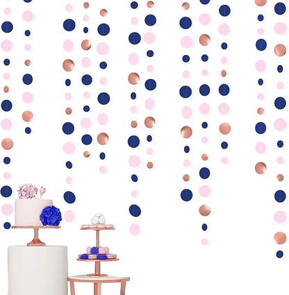 46Ft Navy Blue Blush Circle Dot Garland Royal Blue Pink Rose Gold Hanging Paper Polka Dot Streamer for Gender Reveal Baby Shower Birthday Engagement Wedding Bridal Shower Anniversary Party Decorations
