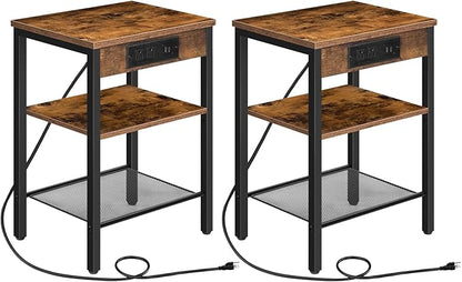 HOOBRO Side Tables Set of 2 with Charging Station and USB Port, Small End Tables for Small Space, 3-Tier Nightstands with Adjustable Shelf, for Living Room, Bedroom, Rustic Brown BF112BZP201