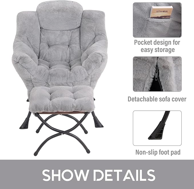 LITA Lazy Chair with Ottoman, Modern Accent Leisure Upholstered Sofa Chair, Contemporary Lounge Reading Chairs with Armrests and a Side Pocket for Living Room, Bedroom & Small Space, Plush Grey