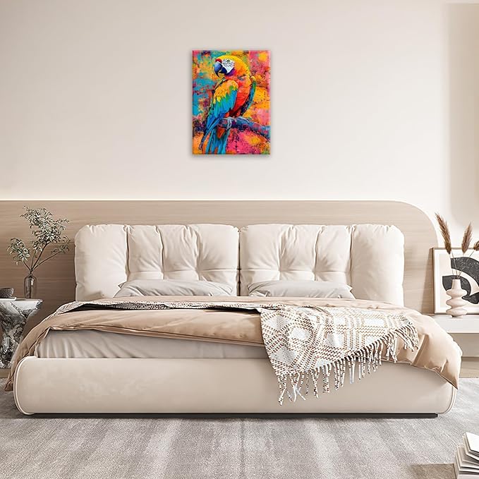 Parrot Wall Art, Graffiti Parrot Pictures Wall Decor, Colorful Birds Canvas Prints, Banksy Animal Painting, Framed Artwork for Bathroom Living Room Bedroom Office Dining Room 20"X16"