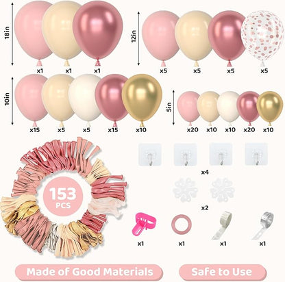 Amandir 153Pcs Boho Blush Balloon Garland Arch Kit, Double-Stuffed Nude Cream Peach Dusty Rose Pink Gold Confetti Metallic Balloon for Baby Shower Birthday Party Wedding Decorations