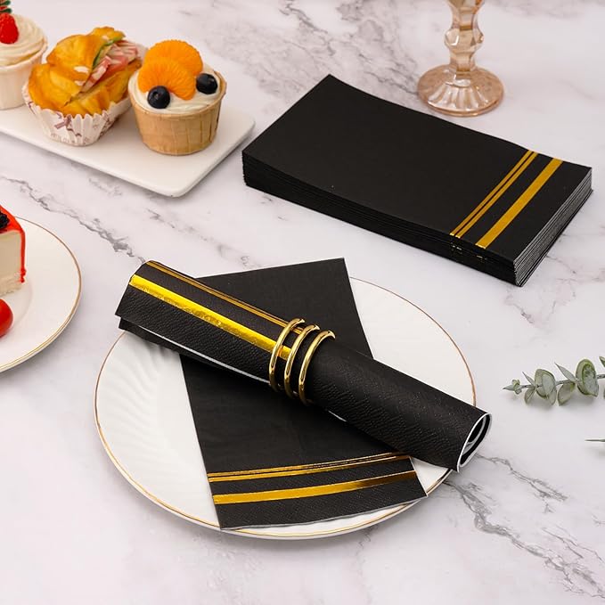 100 Pcs Black and Gold Napkins - Black Paper Napkins Disposable - 3-Ply Premium Quality Black Dinner Napkins for Birthday Kitchen Wedding Anniversary New Year Party