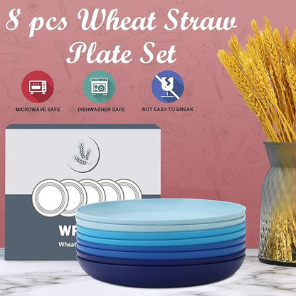 Wrova Wheat Straw Plates - 10 Inch Unbreakable Dinner Plates Set of 8 - Dishwasher & Microwave Safe Plastic Plates Reusable - Lightweight Plates for kitchen,camping (Ocean Series)