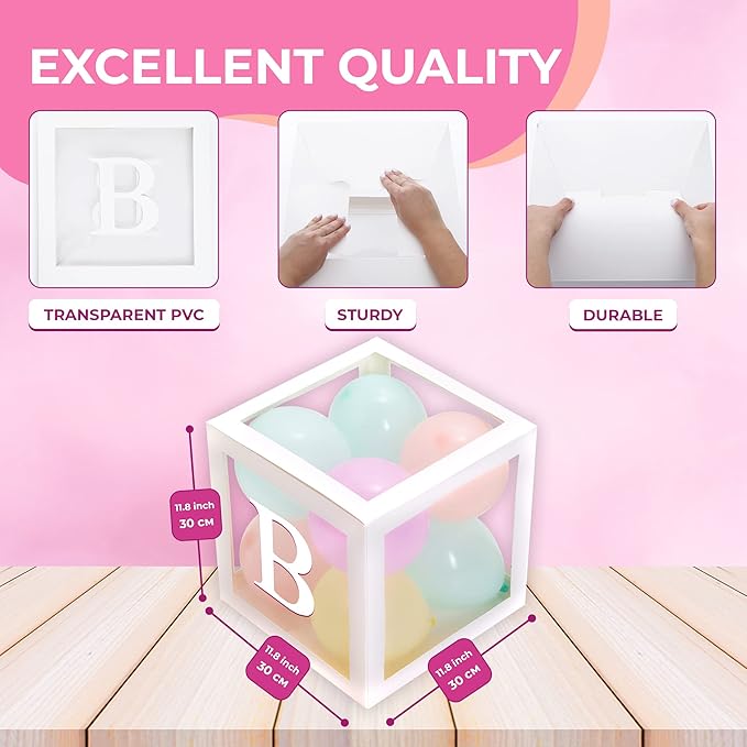 Baby Shower Boxes with Letters – White Boxes with Pastel Pink, Blue, Yellow, and Green Balloons – 44-Piece Gender Reveal & Party Decoration Set by Vellax