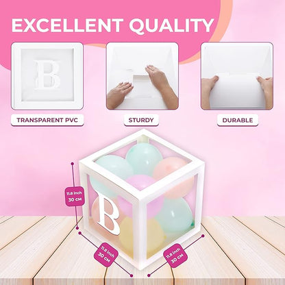 Baby Shower Boxes with Letters – White Boxes with Pastel Pink, Blue, Yellow, and Green Balloons – 44-Piece Gender Reveal & Party Decoration Set by Vellax