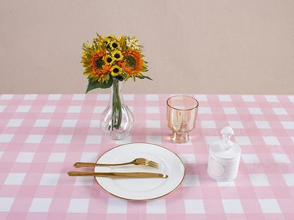 Kesfey 12 Packs Pink Gingham Tablecloth 54 x 108 Inches Pink and White Checkered Table Cloths Party Picnic Disposable Table Covers Splashproof Plastic Checkered Gingham Tablecover for Dinners Party