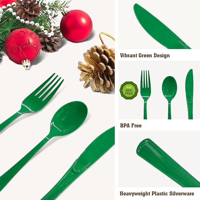 150 PCS Green Plastic Silverware Disposable Green Utensils 50 Plastic Forks, 50 Knives, 50 Spoons for Birthday, Graduation Party, Picnic
