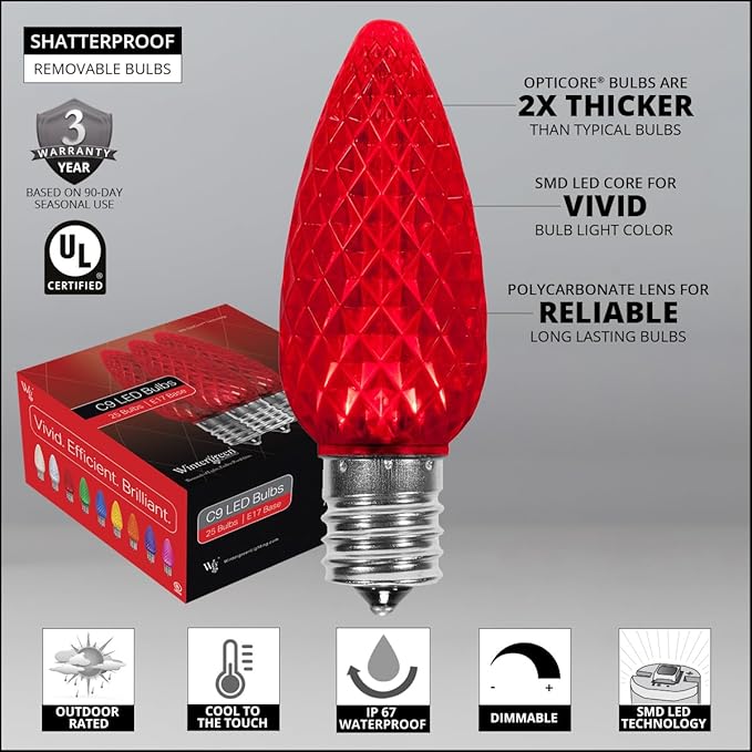 Wintergreen Lighting 100 C9 OptiCore LED Commercial Outdoor Christmas Lights – Heavy Duty Christmas String Lights; Green Wire (100 ft, Red)
