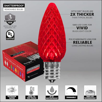 Wintergreen Lighting 100 C9 OptiCore LED Commercial Outdoor Christmas Lights – Heavy Duty Christmas String Lights; Green Wire (100 ft, Red)