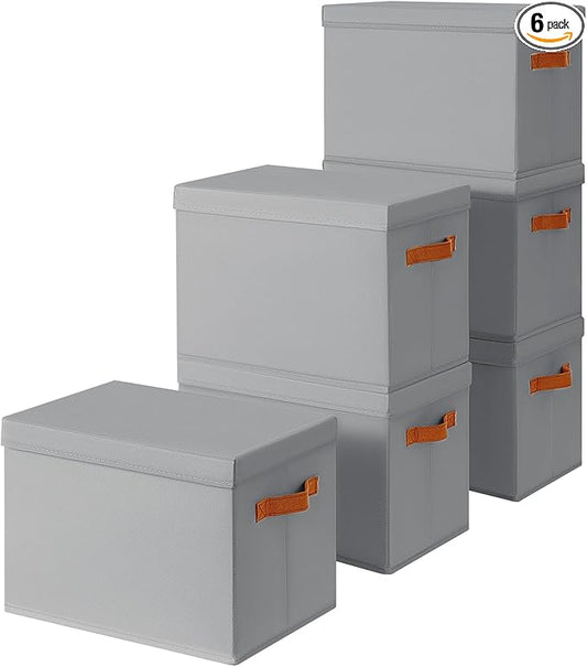 Storage Bins with Lids - Fabric Storage Baskets for Shelves, 6 Pack Foldable Decorative Boxes with Handles, Stackable Organizer Bins for Home, Nursery, Dorm, Grey