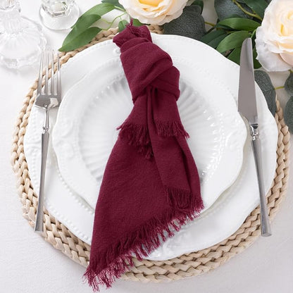 12 Pack Burgundy Red Cotton Linen Napkins with Fringe Christmas Red Cloth Napkins Set of 12 Boho Handmade Holiday Napkins Bulk for Wedding Baby Shower Christmas, 17 x 17 Inches