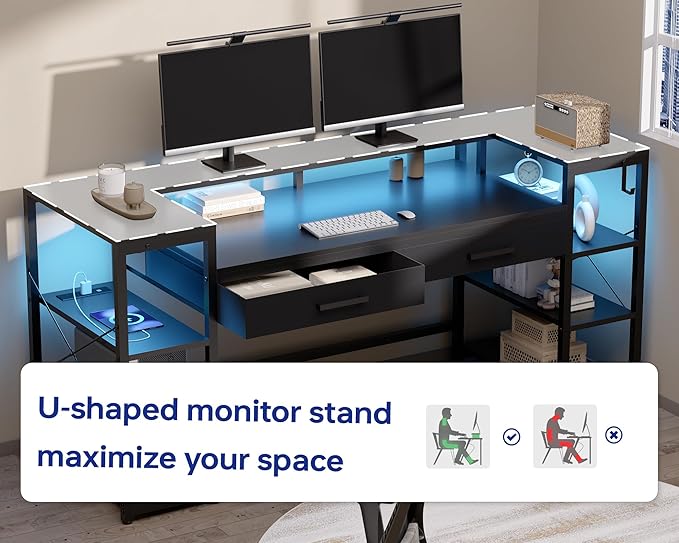Pamray 58 Inch Computer Desk with Monitor Stand and Shelves Gaming Desk with LED Lights & Power Outlets PC Vanity Table with 2 Drawers for Home Office Red