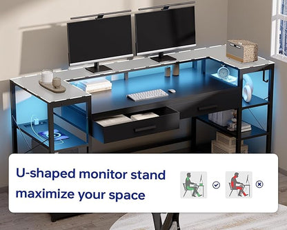 Pamray 58 Inch Computer Desk with Monitor Stand and Shelves Gaming Desk with LED Lights & Power Outlets PC Vanity Table with 2 Drawers for Home Office Marble