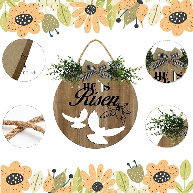 Boylee Easter Wooden Hanging Sign He Is Risen Sign Door Decoration with Bow Rustic Easter Wood Wreath Sign for Easter Spring Holiday Home Coffee Shop Bakery Farmhouse Window
