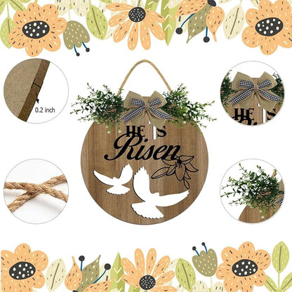 Boylee Easter Wooden Hanging Sign He Is Risen Sign Door Decoration with Bow Rustic Easter Wood Wreath Sign for Easter Spring Holiday Home Coffee Shop Bakery Farmhouse Window