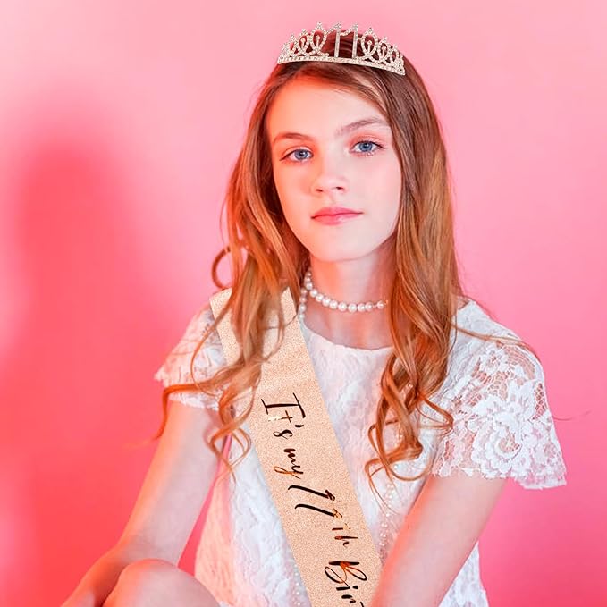 CIEHER 11th Birthday Crown + 11th Birthday Sash + Pearl Pin Set, It's My 11th Birthday Sash, 11 Birthday Tiara, 11th Birthday Decorations for Girls, 11th Birthday Gifts