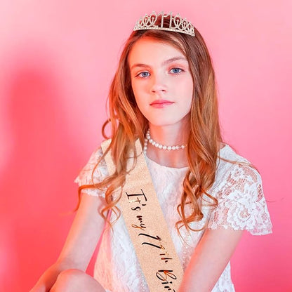 CIEHER 11th Birthday Crown + 11th Birthday Sash + Pearl Pin Set, It's My 11th Birthday Sash, 11 Birthday Tiara, 11th Birthday Decorations for Girls, 11th Birthday Gifts