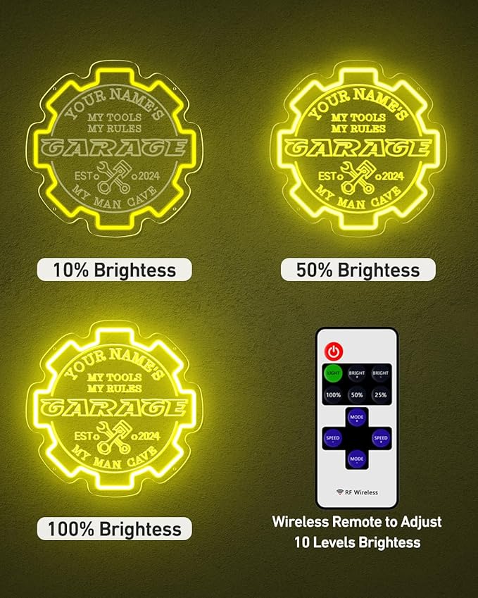 Custom Garage Neon sign for Wall Decor with Timing Remote, Personalized Gear Garage LED Neon Light for Man Cave, Home Bar, Workshop, Son Dad Birthday Gift LEMON YELLOW