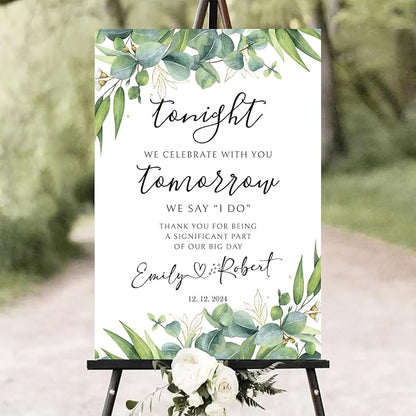 Personalized Rehearsal Dinner Welcome Sign, Rustic & Elegant Wedding Decor, 12''x18'' Plastic Sign with Free Standing Mount, Perfect for Wedding Rehearsal Dinner, Home Decor, Indoor, Outdoor