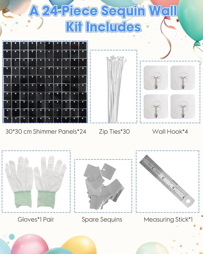 Black Shimmer Wall Backdrop 24 Pcs - 4x6ft Glitter Sequin Photo Booth Background for Wedding Birthday Party Anniversary Decor, Reusable & Easy to Install with Zip Ties Included