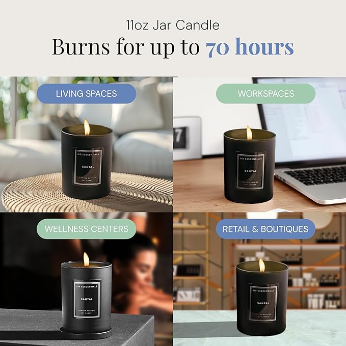 Air Esscentials Clean Scented Soy Candles, Soy Wax Blend with Luxury Fragrance, Aromatherapy Candle for Home & Office, 70 Hour Burn Time, Santal, 11 oz.