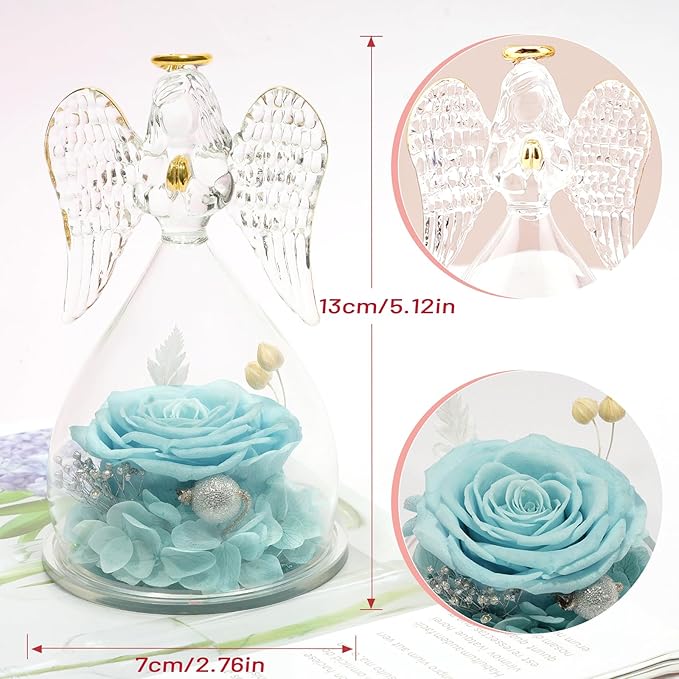 Miofula Preserved Flower Roses & Angel Figurines with Forever Real Rose Gifts for Women Mom, Grandma; Angel Gifts for Christmas, Thanksgiving, Birthday, Anniversary - Pale Blue