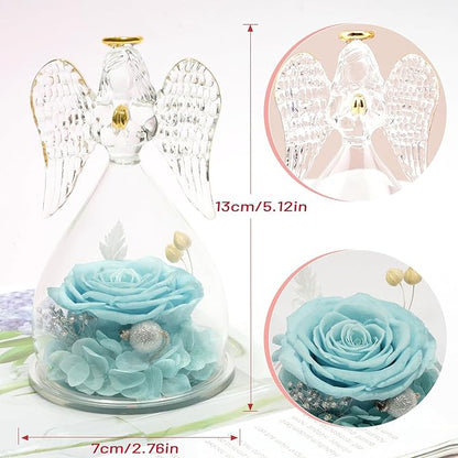 Miofula Preserved Flower Roses & Angel Figurines with Forever Real Rose Gifts for Women Mom, Grandma; Angel Gifts for Christmas, Thanksgiving, Birthday, Anniversary - Pale Blue
