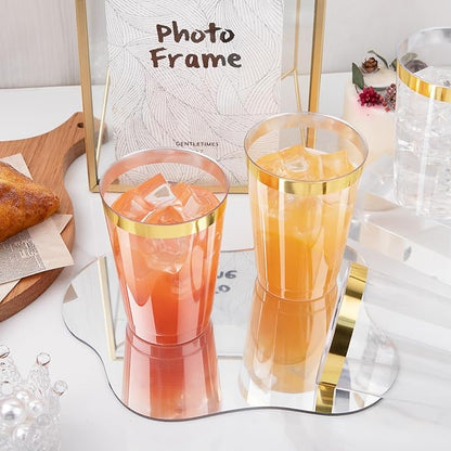 I00000 100 Pack 12 oz Gold Plastic Cups, Gold Rimmed Disposable Cups, Disposable Wine Glasses Cocktail Glasses Premium Cup with Golden Rim, 12 Ounce Plastic Tumblers for Party & Wedding