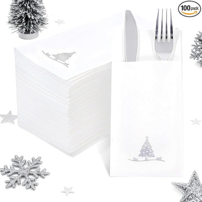 100PCS Christmas Paper Napkins - Silver Christmas Tree Napkin with Built-in Flatware Pocket Prefolded Cloth-Like - Heavy-duty Linen-Feel Dinner Napkins Disposable for Xmas Tableware Decor